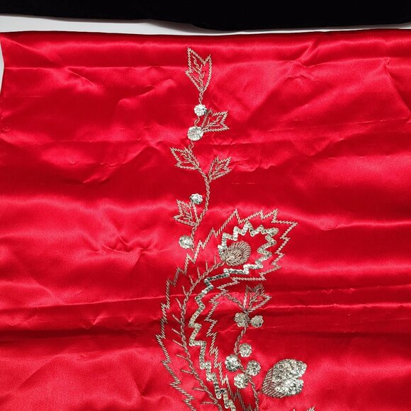 Hand Beaded Floral Bird of Paradise Red Satin Fabric for Wall Hanging or Garment - Picture 7 of 9